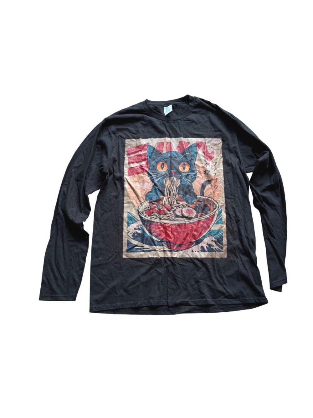Port & Company Unisex Long Sleeve T-Shirt L Black Cat Japanese Ramen Graphic